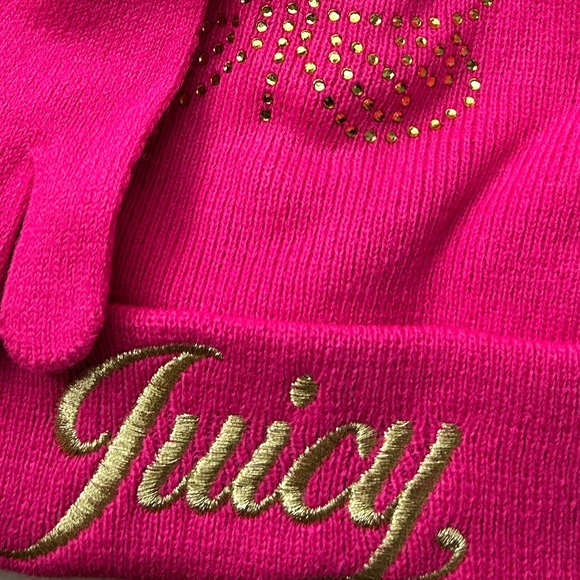 Juicy Couture Hot Pink and Gold Pom Pom Hat and Glove Knit Set NWT - Picture 3 of 3